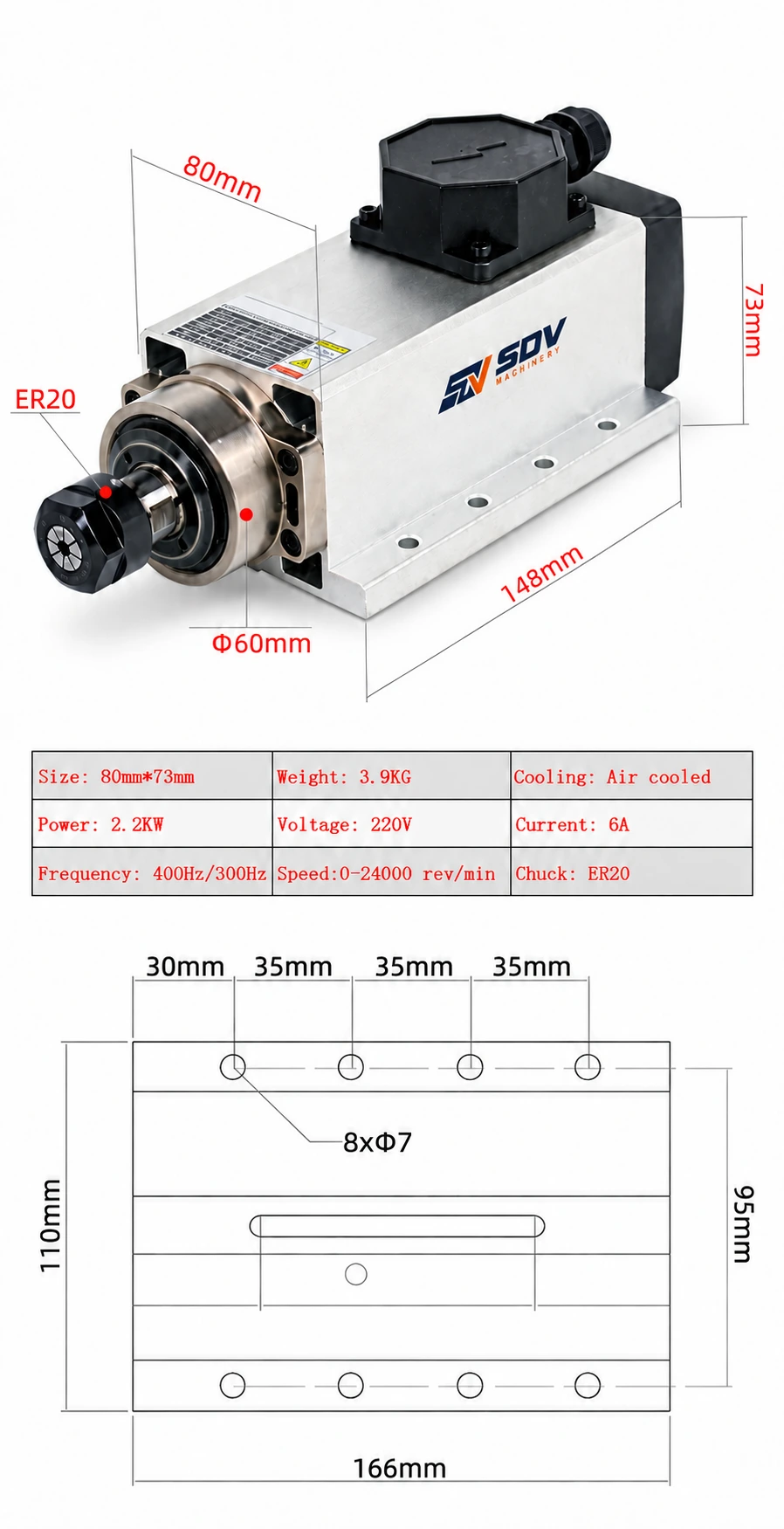CNC Air Cooled Square Spindle Motor 1.5KW/2.2KW - ER11/ER20 Chuck, 220V